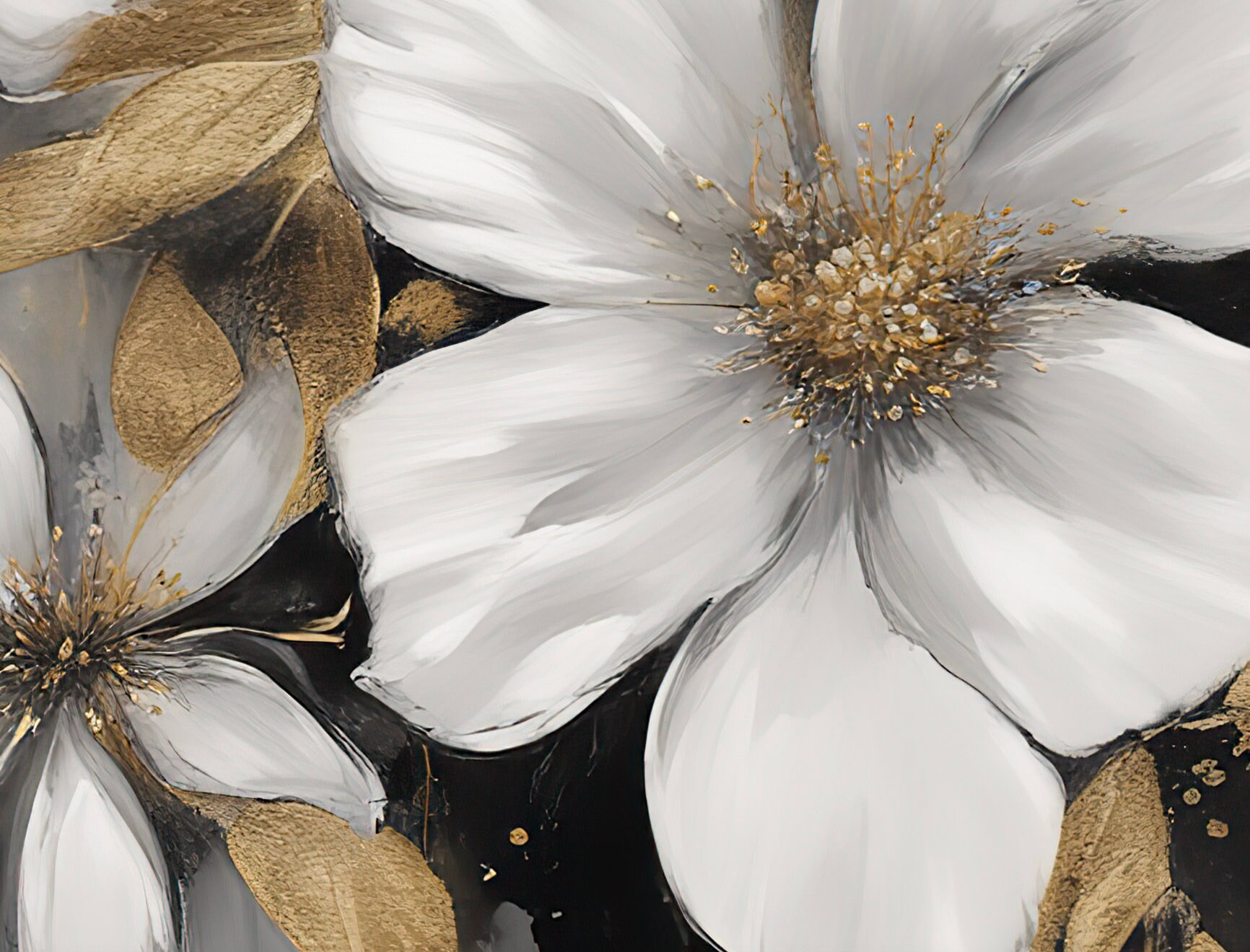 Printable White Flowers and Gold Leaves Wall Art Print, Print Art, Living Room Wall Decor Prints