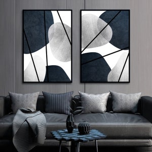 Navy Blue Silver Stones Shapes Art Set of 2 Wall Art Print, Abstract Art Print Art, Wall Decor Prints, Digital Download Art Bella Canvas