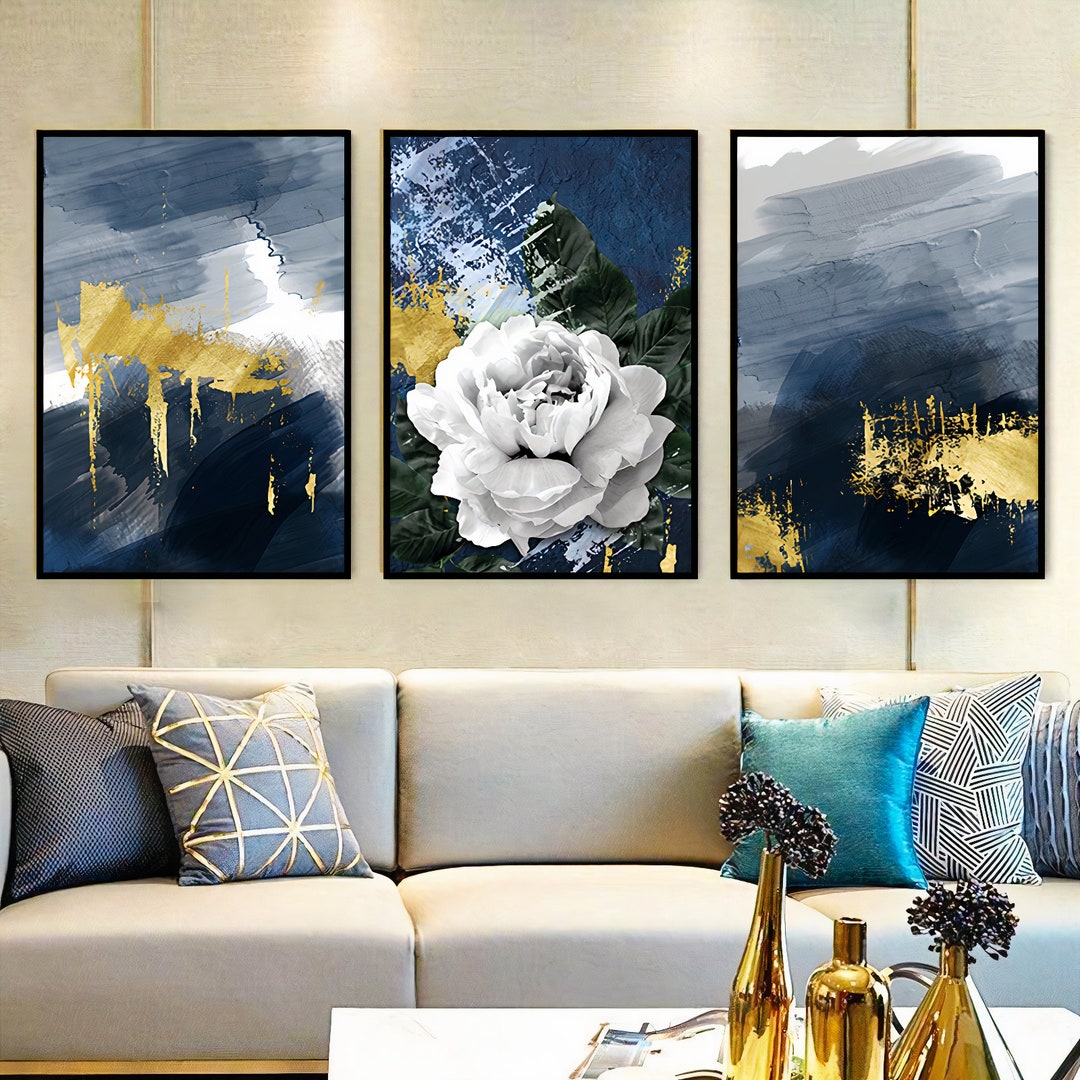 Printable Gold Blue White Peony Set of 3 Wall Art Print, Abstract Gold ...