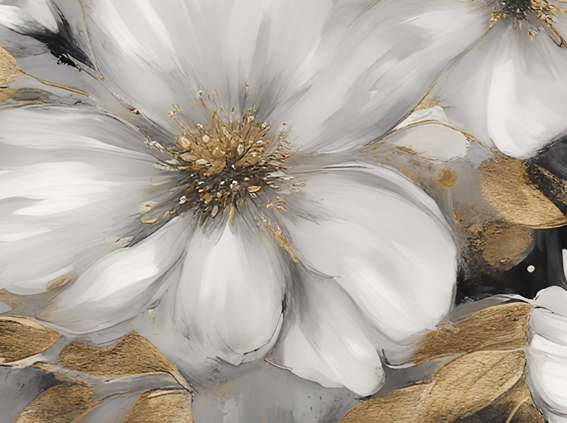 Printable White Flowers and Gold Leaves Wall Art Print, Print Art, Living Room Wall Decor Prints