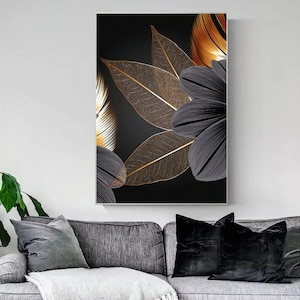 Printable Golden Black Leaves Wall Art Print, Abstract Print Art, Wall Decor Prints, Digital Download Art