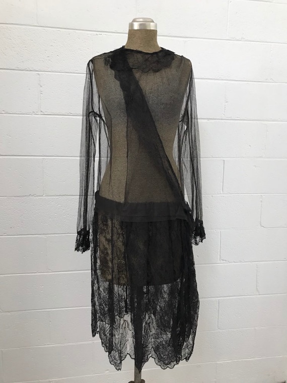 1920s Black Chnatilly Lace & Net Dress
