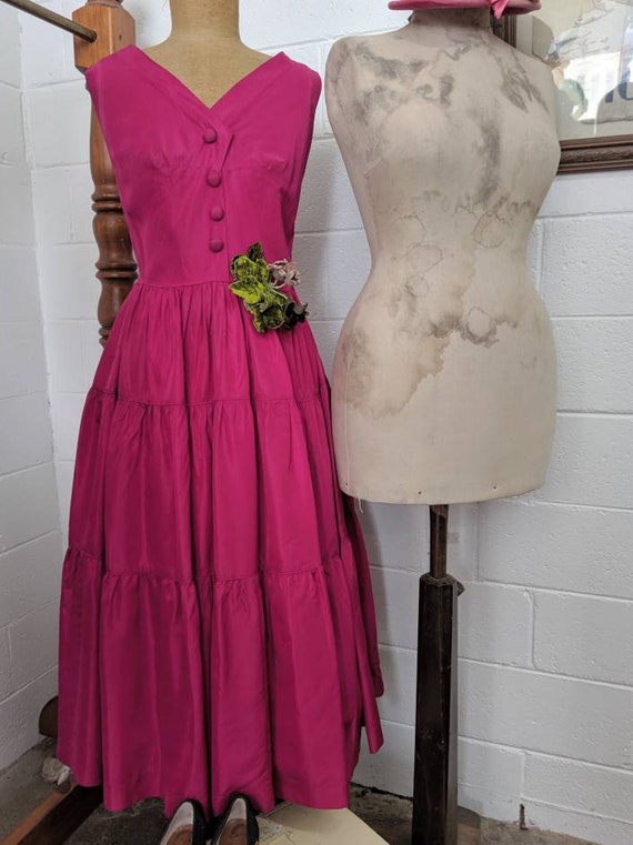 1940s Magenta Taffeta Cocktail Dress