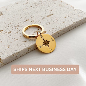 Gold compass keychain, Compass gift, Travel gift, Direction