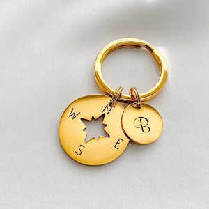 Gold compass keychain, Compass gift, Small travel gift, Personalized compass keychain with initial