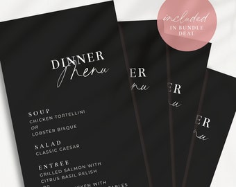 Modern Wedding Dinner Menu | Modern Black Wedding Menu Template | Modern Script Wedding Menu | Casual Script Menu