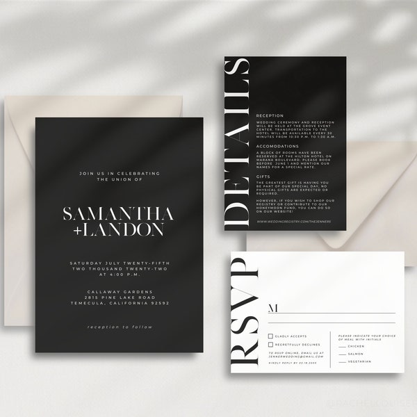 MANHATTAN Modern Black Wedding Invitation | Printable Wedding Invitation | Modern Black Invitation Suite | Edgy Wedding Invitation