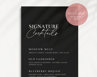 Signature Cocktails Printable | His Hers Drink Menu | Modern Wedding Bar Sign | Modern Black Wedding Bar Sign | Bar Menu Template