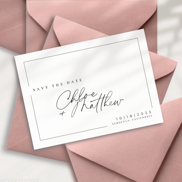 Modèle modifiable SCRIPT CASUAL SCRIPT Modern Save The Date | Modèle "Retenez cette date" pour script moderne | Réservez la date | Réservez la date imprimable