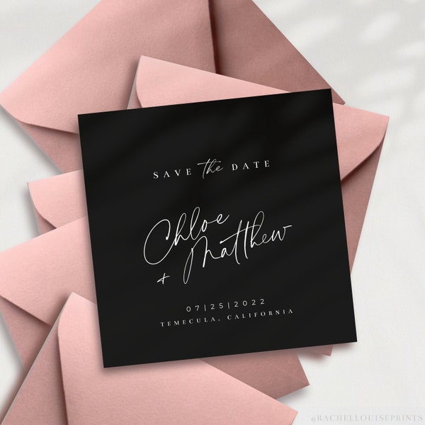 CASUAL SCRIPT Editable Template Modern Black Save The Date | Modern Square Save The Date | Printable Save The Date