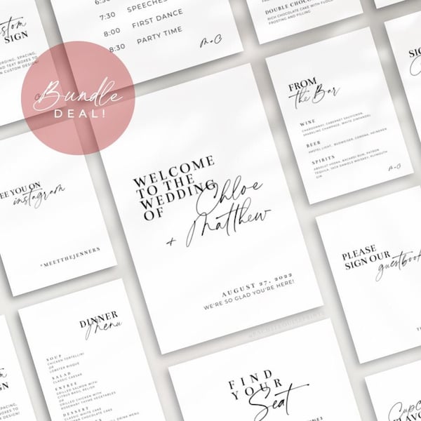 Modern Wedding Sign Printables Bundle | Modern Wedding Sign Templates | Casual Script Modern Wedding Sign Set | Wedding Signage Bundle