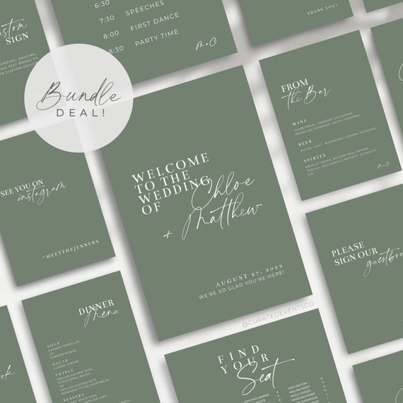 Sage Wedding Sign Printables Bundle Modern Green Wedding - Etsy