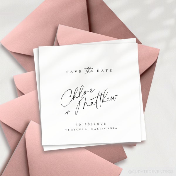 Modèle modifiable SCRIPT CASUAL SCRIPT Modern Save The Date | Modèle "Retenez cette date" pour script moderne | Réservez la date carrée | Réservez la date imprimable