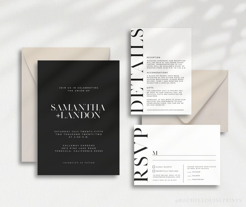 MANHATTAN Modern Black Wedding Invitation Printable Wedding Invitation Modern Black Invitation Suite Edgy Wedding Invitation image 2