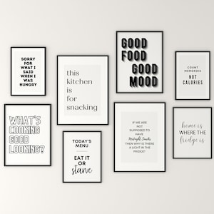 Black and white digital kitchen wall art, set of 8 kitchen prints, funny kitchen wall art, dining room wall art, printable wall art