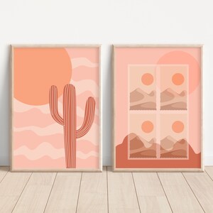 Set Of 2 Desert Art Cactus Sunset Print, Abstract Cactus Printable Art, Burnt Orange Desert Sunrise Print, Sun Art Print, Boho Wall Poster