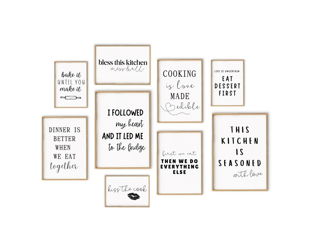 Black and White Printable Kitchen Wall Art, Set of 9 Prints, Funny ...