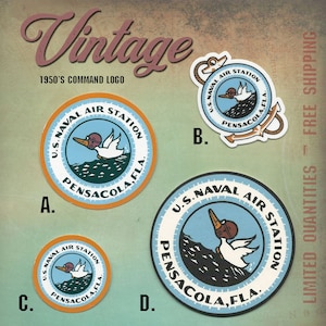 May include: Vintage 1950's Command Logo stickers featuring a cartoon duck wearing a pilot's cap. The stickers are round with the text "U.S. Naval Air Station Pensacola, FLA." in a blue and orange design. Several variations are shown.