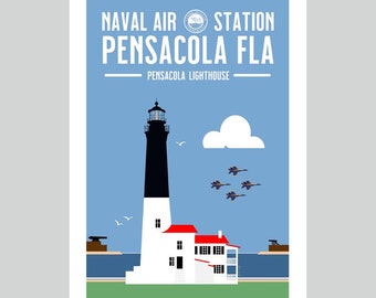 May include: A vintage-style poster featuring a black and white lighthouse with a red roof, a white cloud, and a formation of blue and yellow airplanes flying in the sky. The text "NAVAL AIR STATION PENSACOLA FLA" is at the top of the poster, with the text "PENSACOLA LIGHTHOUSE" below.