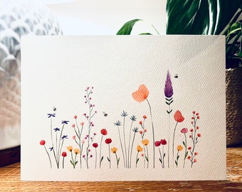 Aquarelle - fleurs sauvages - oeuvre d'art murale moderne - décoration de chambre - imprimé floral - abeilles