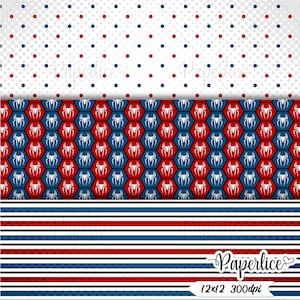 May include: Digital paper with three different patterns. The first pattern is a white background with red and blue polka dots. The second pattern is a red and blue honeycomb pattern with white spider silhouettes. The third pattern is red and blue stripes with white accents. The text "Paperlice" and "12x12 300dpi" is at the bottom of the image.
