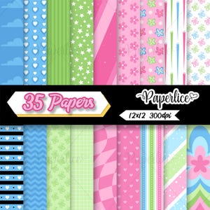 Puede incluir: Una colección de 35 papeles estampados con diversos diseños y colores. Los papeles presentan patrones como nubes, corazones, estrellas, flores, rayas y mariposas. La paleta de colores incluye azul, verde, rosa y blanco. Se muestra el texto "35 Papers".