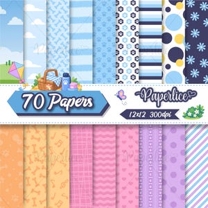 Könnte beinhalten: Eine digitale Sammlung von 70 gemusterten Papieren mit verschiedenen Designs wie Wolken, Pfotenabdrücken, Streifen, Punkten und Blumen in Blau-, Orange-, Rosa- und Violetttönen. Der Text 70 Papers, Paperlice und 12x12 300dpi ist sichtbar.