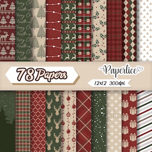 Pode incluir: Uma coleção digital de 78 papéis com padrões festivos, incluindo renas, árvores de Natal, azevinho, xadrez, presentes e ornamentos em vermelho, verde e creme. O texto 78 Papers e Paperlice 12x12 300dpi é claramente visível.
