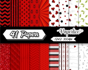 Ladybug Digital Paper, Lady bugs, Ladybirds, bugs, insects, nature, black and red papers, Ladybug Themed Patterns