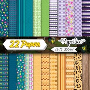 May include: A set of 22 digital paper designs featuring various patterns, including floral, geometric, and animal prints. The papers are 12x12 inches and 300 dpi.