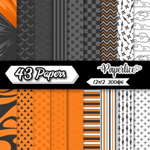 May include: A collection of 43 patterned papers in various designs and colors, including orange, gray, and black. The papers feature geometric shapes, stripes, and other decorative patterns. The image also includes the text "Paperlice" and "12x12 300dpi".