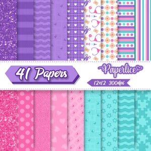 Può includere: Un set di 41 carte digitali con vari motivi in viola, rosa e blu. I motivi includono pois, strisce, cuori e disegni a tema medico. Il testo "41 Papers" e "Paperlice 12x12 300dpi" è incluso nell'immagine.