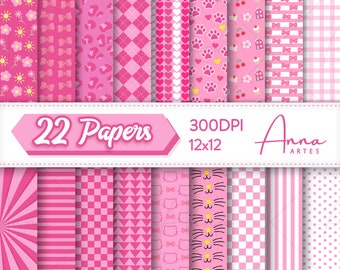 Cute Kitten Digital Paper, Cute Bow Kitty, Pink Kitty Birthday Party Cute Kitten Invitations Bow Pink Yellow