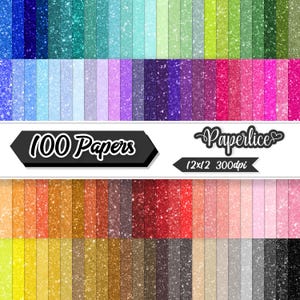 Può includere: Una collezione di 100 carte digitali con una varietà di texture glitterate in uno spettro completo di colori. L'immagine include il testo 100 Papers, Paperlice e 12x12 300dpi, mostrando un'ampia gamma di tonalità vivaci e metallizzate.