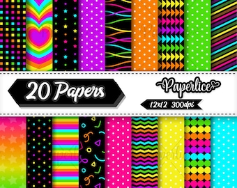 Neon Colors Digital Paper, bright colors scrapbook paper, rainbow paper, 90s colorful papers
