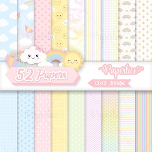 Pode incluir: Uma coleção digital de 52 papéis com padrões pastel, incluindo arco-íris, nuvens, sóis, corações, gotas de chuva, listras e grades. O banner central exibe o texto 52 Papers, Paperlice e 12x12 300dpi.