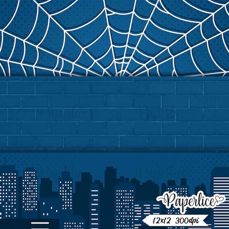 May include: A digital paper background with a blue brick wall, a cityscape silhouette, and a white spider web on a blue background. The text "Paperlice 12x12 300dpi" is at the bottom of the image.