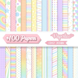 Peut inclure: Une collection de 100 papiers numériques avec des motifs arc-en-ciel pastel incluant des rayures, pois, étoiles, carreaux et formes géométriques. L'image affiche le texte +100 Papers, Paperlice et 12x12 300dpi sur une bannière horizontale blanche.