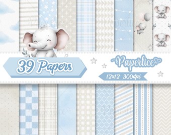 Baby Elephant Digital Paper Pack – Blue & Beige Cute Baby Shower Scrapbook Papers, Nursery Pattern, Printable Junk Journal, Instant Download