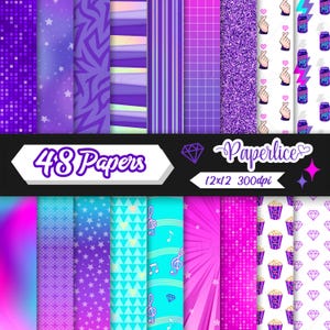Può includere: Una collezione digitale di 48 carte a motivi con sfumature viola e rosa, campi di stelle, griglie geometriche, texture glitterate, note musicali, diamanti, secchielli di popcorn e gesti a cuore con il testo 48 Papers e Paperlice.