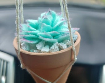 Succulent Decor/ Macrame Plant Hanger/ Rearview Mirror Charm/ Plant Hanger for Car/ Boho Gift/ Mini Hanging Felt Succulent/ Plant Horder
