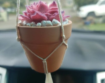 Pink Felt Succulent Ornament/ Super Cute Car Charm/ Mini Macrame Hanger/ Succulent Decor/ Boho Gift/ Rearview Mirror Charm/ Last Minute Gift