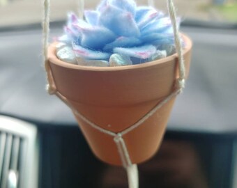 Faux Blue Succulent Decor/ Macrame Plant Hanger/ Rearview Mirror Charm/ Plant Hanger for Car/ Boho Gift/ Mini Hanging Felt Succulent Decor