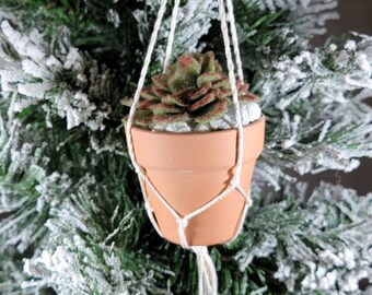 Succulent Ornament/ Plant Christmas Ornament/ Fake Plant/ Desk Plant/ Macrame Plant Hanger/ Holiday Ornament/ Boho Gift/ Last Minute Gift