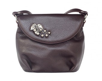 Sac à bandoulière en cuir "Groseilles" marron, sac cuir femme, leather shoulder bag, sac unique gift, sac besace