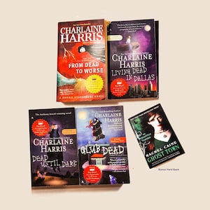 May include: A collection of paperback books by Charlaine Harris and Rachel Caine. The covers feature various illustrations and titles, including "From Dead to Worse," "Living Dead in Dallas," "Dead Until Dark," "Club Dead," and "Ghost Town."