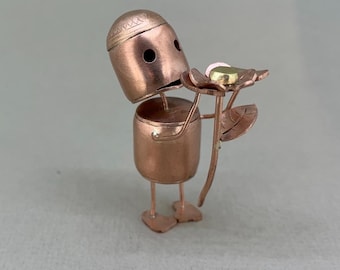 Handmade Copper Robot Sculpture - Mina - with Removable Flower
