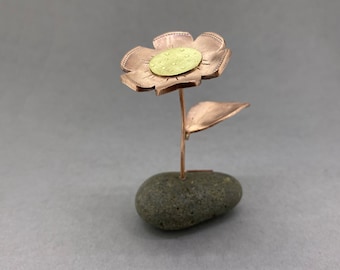 Handmade Penny Flower Sculpture: Recycled Coin Art on Pebble Base