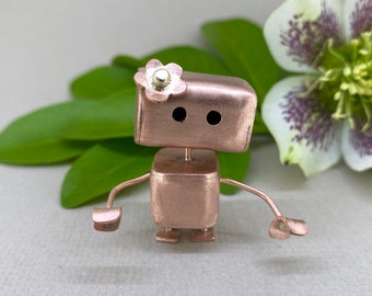 Handmade Copper Robot Figurine with Brass Daisy