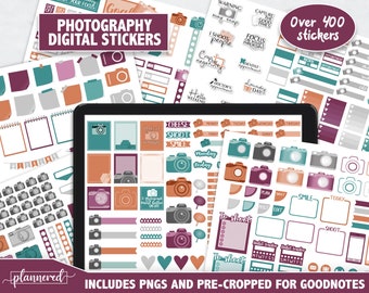 May include: Over 400 digital stickers for Goodnotes featuring a photography theme. The stickers are in various colors, including teal, orange, gray, and burgundy. The stickers feature cameras, film rolls, and other photography-related icons.